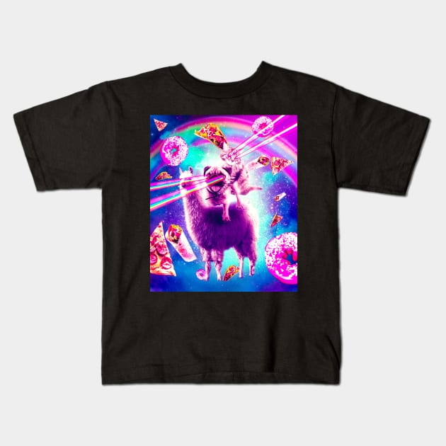 Laser Eyes Space Cat Riding Pug, Llama  - Rainbow Kids T-Shirt by Random Galaxy